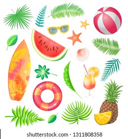 Summer watermelon slice fruit icons vector. Palm leaves and branches, lifebuoy and surfing board, pineapple and cocktail. Ball and shell, sunglasses