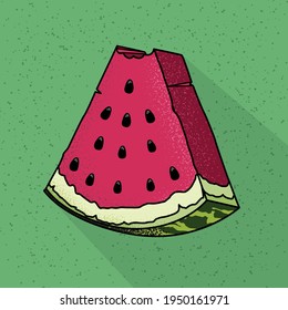 Summer watermelon Slice on green background long shadow