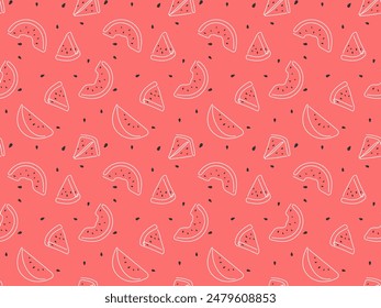 Corte de sandía de verano delinea un patrón sin fisuras. Contorno blanco dibujado fruta sobre fondo rosa. Ilustración divertida linda de la comida del garabato para el Fondo de pantalla, cubierta, diseño del paquete