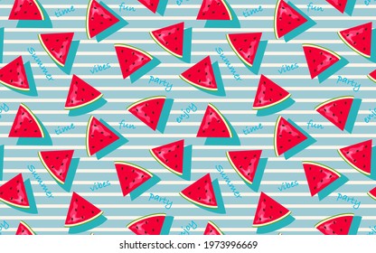 Summer, watermelon slice seamless pattern with blue and white striped geometric print background