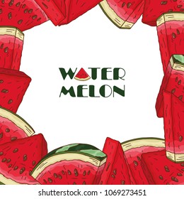 Summer watermelon slices frame template. Juicy fruit background design. Cartoon vector watermelon slices for print, card, banners