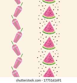 Summer Watermelon Slices and Slushy Drinks Vector Seamless Vertical Borders Set