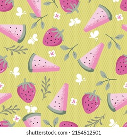 Summer Watermelon Slices and Strawberries Vector Seamless Pattern