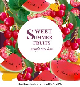 Summer watermelon, strawberry, cherries fusion background Vector