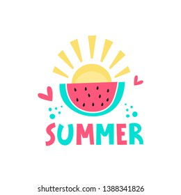 Summer watermelon and sun hand lettering word. Hand drawn vector phrase. Greeting card, banner, poster design element on the white background.