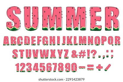 Summer watermelon  trendy alphabet. Hand drawn doodle font with watermelon pattern. Modern Uppercase letters, numbers and punctuation marks. For poster, banner, T shirt design. Vector illustration