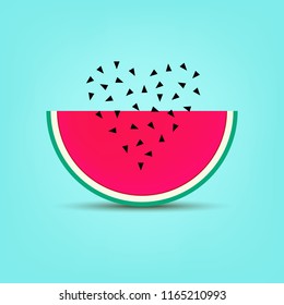 Summer watermelon, vector flat modern banner, card, print, sticker, tag, holiday color design for t-shirts, prints, greeting cards, website banners with seed heart isolated on blue, green background. 