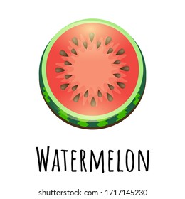 Summer watermelon vector graphic icon for web, logo and other designs. Juicy red watermelon with black seeds on white background.