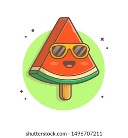 Summer Watermelon Vector Icon Illustration. Happy Ice Watermelon Fruit With Sun Glasses. Summer Icon Concept White Isolated. Flat Cartoon Style Suitable for Web Landing Page, Banner, Flyer, Sticker