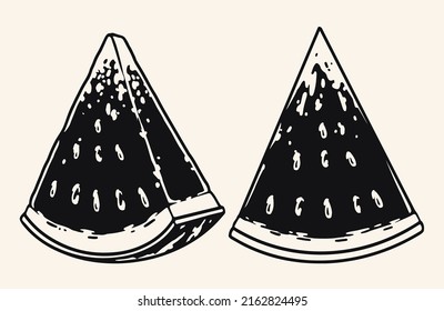 Summer watermelon vintage emblem monochrome style slices of ripe fruit juicy dissert to quench thirst and hunger vector illustration