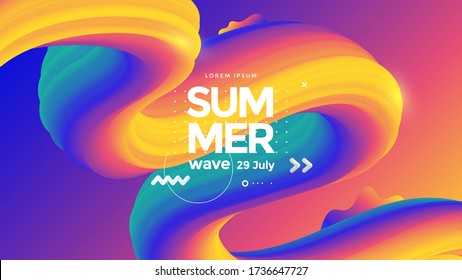 Summer wave festival poster. Abstract gradients background with 3d wavy shape. Colorful composition design for cover, landing page.