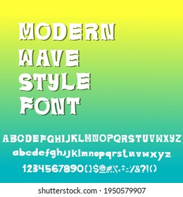 Summer wave font with letters, numbers and signs. Vector illustration.