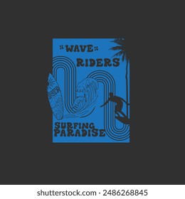 Summer wave riders surfing paradise beach graphic design