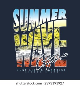 Summer Wave Slogan Text print in vector graphic, hand drawn wave outline , California golden state , its a T-shirt print for summer, 