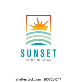 summer Wave sun Logo Sign Design Icon. ocean , tropical And Sea Sun Logo Element. sunset and sunrise concept symbol