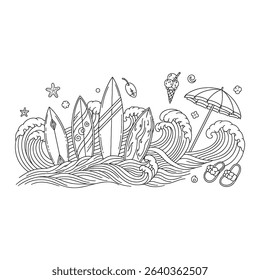 Summer Wave and surf illustration vector. line art isolated on white background available for edited. use for background or others editorial.