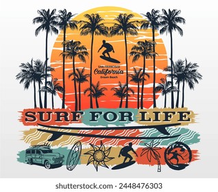 Summer wave surfing illustration with palm trees, surfers, sun, surfboard, car. Print for t-shirt, sweatshirt and other uses.