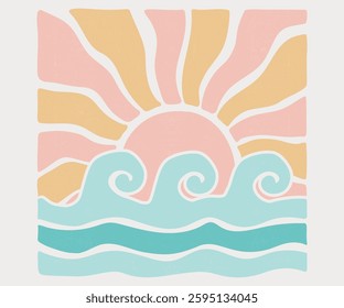 Summer Waves artwork. Sunshine paradise graphic print design. Surf club design. Beach modern abstract art. Ocean abstract wave. 