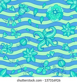 Summer wavy vector seamless pattern with stylized flowers. Aquamarine and blue colors.