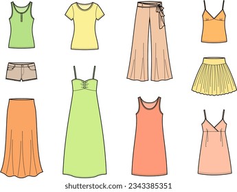 Summer wear set flat sketch. Dress, top, wide leg pants, skirt, shorts, tshirt design. Women CAD mockup. Technical drawing. Vector illustration.