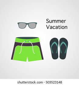 Summer wear vector icons. flip flops, short, eye wear