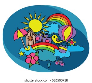 Summer weather design set. Coloring book page template.  Outline doodle vector illustration