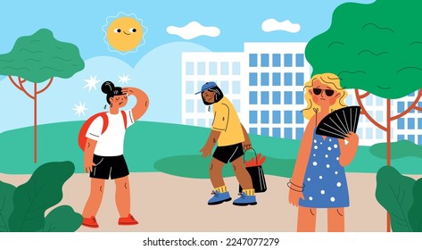 Summer weather. Hot temperature. People suffer from heat in city park. Sunny dry day. Unhappy persons walking outdoor. Global warming. Men and women overheating. Garish