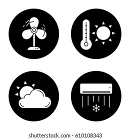 Summer weather icons set. Fan, sun behind cloud, air conditioner, summer hot temperature. Vector white silhouettes illustrations in black circles