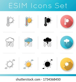 Sommerwettersymbole setzen. Lineare, schwarze und RGB-Farbstile. Meteorologie, saisonale Atmosphäre Bedingung. Heiße Temperatur, starke Duschen und klarer sonniger Himmel. Isolierte Vektorgrafiken