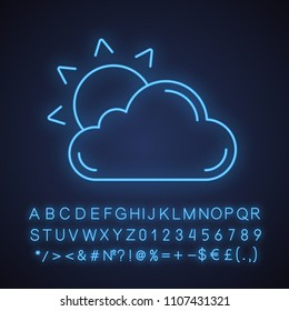 Summer weather neon light icon. Rising sun behind cloud. Sunset. Glowing sign with alphabet, numbers and symbols. Vector isolated illustration