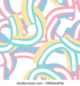 Summer weather seamless pattern with pink, yellow and blue rainbow shapes. Isolated backdrop. Simple print. Perfect for fabric design, textile print, wrapping, cover. Vector illustration.