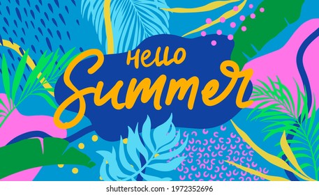 Summer web banner. Colorful botanical elements, anstract shapes, lines. Tropical leaves. Social media banner, shop promotion, email, poster.