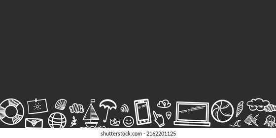Summer web banner. Hand drawn holiday elements. Summer holidays. Black and white illustration