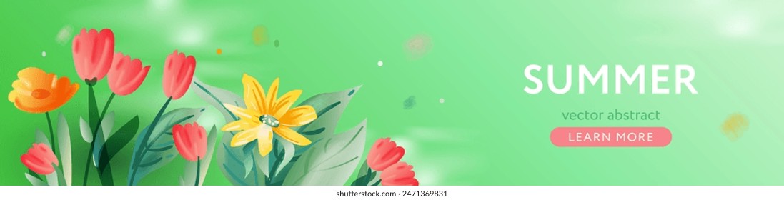 Summer web banner, header or cover template with tulips, watercolor flowers. Vector illustration