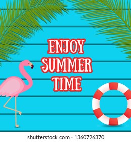 Summer web banner on dark blue wooden background with flamingo bird