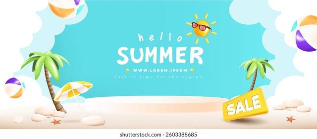 Summer web banner poster with podium and summer beach scene design background