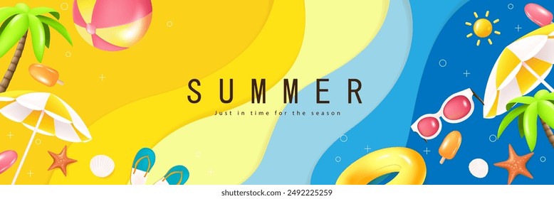 Summer web banner template with ripple abstract wave background and summer tropical beach vibes decoration 