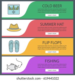 Summer web banner templates set. Cold beer, homburg hat, flip flops, fishing. Website color menu items. Vector headers design concepts