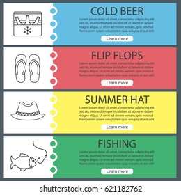 Summer web banner templates set. Cold beer, homburg hat, flip flops, fishing. Website color menu items with linear icons. Vector headers design concepts