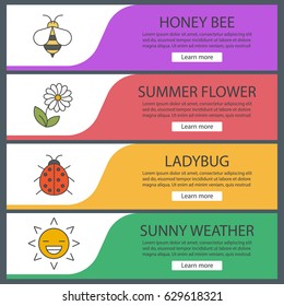 Summer web banner templates set. Honey bee, camomile, ladybug, sun. Website color menu items. Vector headers design concepts