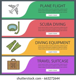Summer web banner templates set. Plane flight, aqualung, flippers, suitcase. Website color menu items. Vector headers design concepts