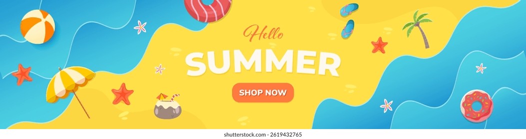 Summer web banner tropical beach vibes yellow background with beach decoration 