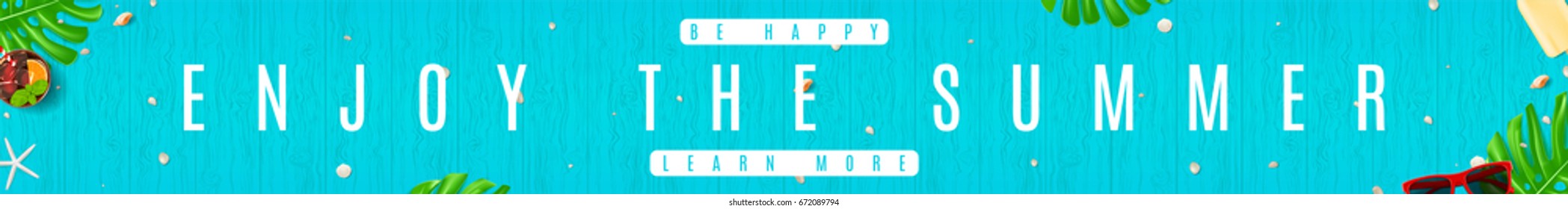 Summer web banner with tropical leafs on wooden texture. Top view on sunglasses, seashells, fresh cocktail and ice cream on blue background. Vector illustration.