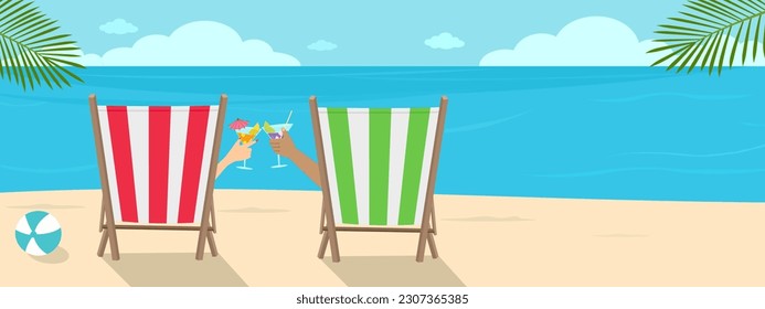 Summer web banner vector illustration, tourist lover hand with deck chair holding lemonade cocktail beverage for celebrating at tropical beach, traveler couple with blue sea and cloudy sky on holiday.