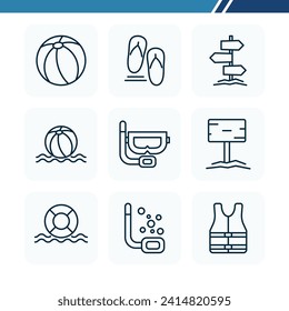 Juego de iconos web de verano, juego de iconos de contorno, bola de playa, gafas y traje de baño