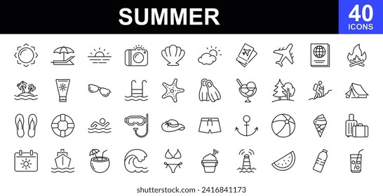 Summer web icons set. Summer season - simple thin line icons collection. Containing sun, travel, vacation, beach, tourism and more. Simple web icons set
