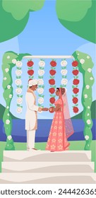 Summer wedding ceremony, Indian couple in traditional outfits. Ritual celebration near the arch with flowers. Flat vector illustration perfect for invitations, flyers or cards with text space.