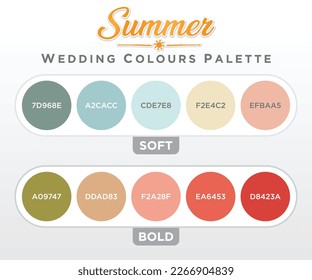 Summer wedding color palette. Some examples of color trends for wedding that is being held in summer season. Color scheme for wedding dress, outfit, decoration, and theme.