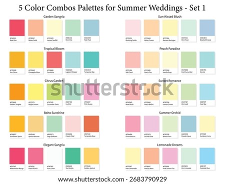Summer Wedding Color Palettes Set 1 - 3d Marriage 5 Colour Combo, Color Schemes with Hex Codes and Names, Colour Swatches and Combinations