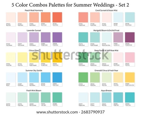 Summer Wedding Color Palettes Set 2 - 3d Marriage 5 Colour Combo, Color Schemes with Hex Codes and Names, Colour Swatches and Combinations